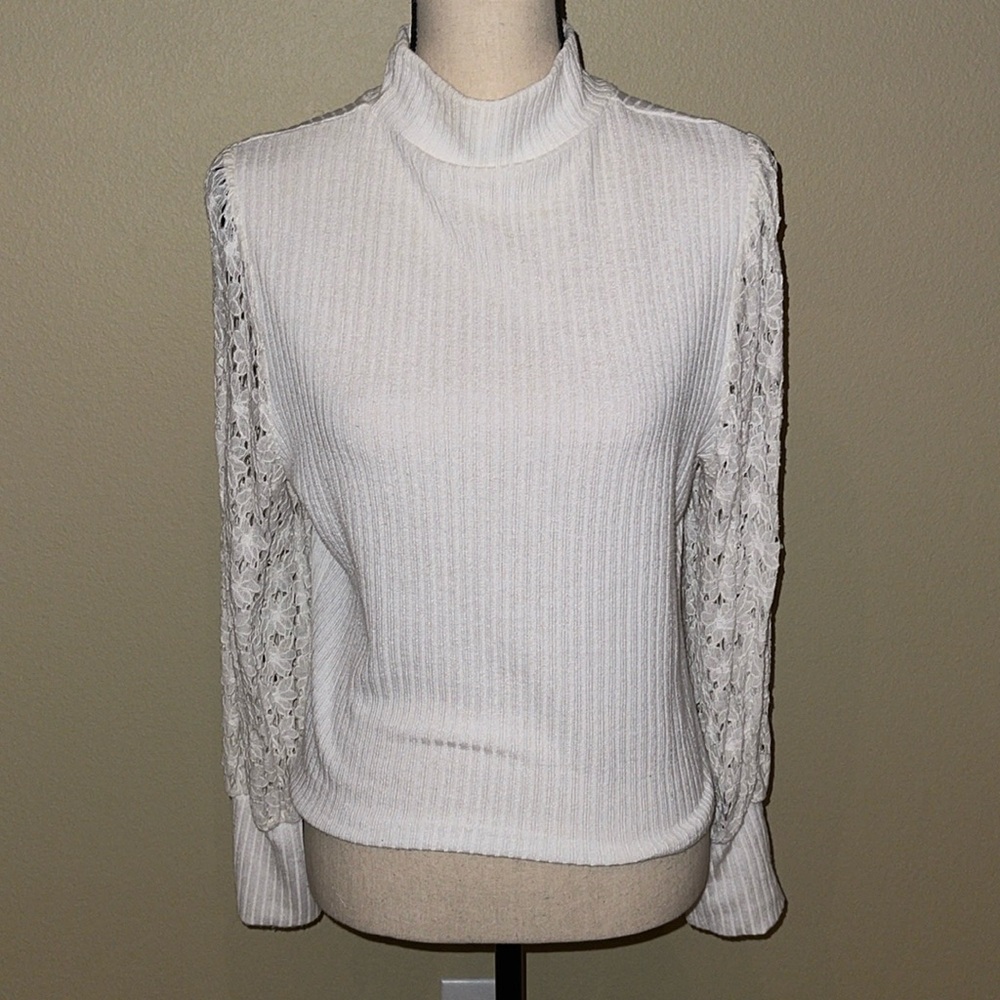 White lace mock neck sweater